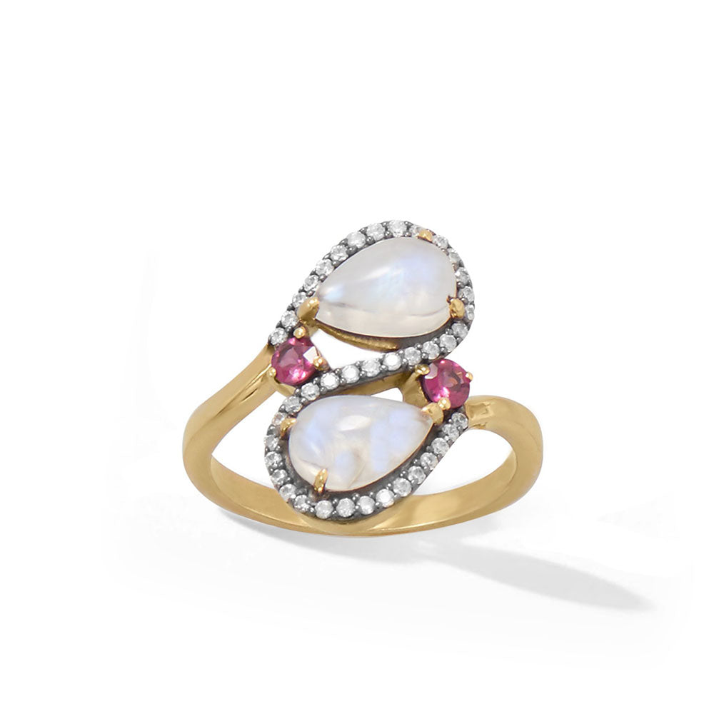 Sterling Silver Pear Rainbow Moonstone Bypass Ring