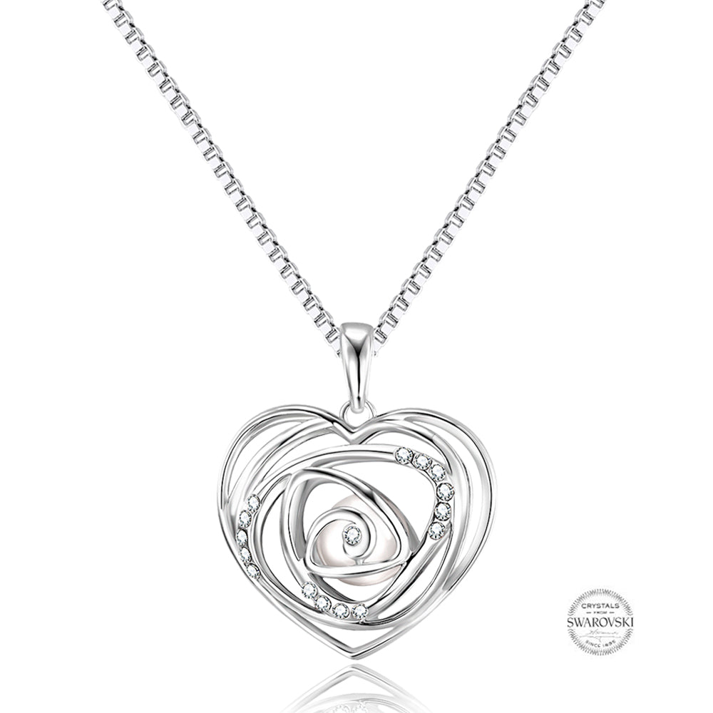 Samie Collection Swarovski® Crystal Wrap Heart with Crystal Pearl Pendant Necklace in Rhodium Plating, 33+35"