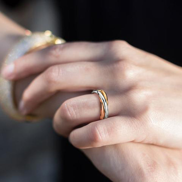 Trinity Ring Tri Color Rolling Ring Interlocked 3 Bands14k Rose, 14k Yellow and Sterling Silver Russian Wedding Ring by fashion Tinysparklestudio