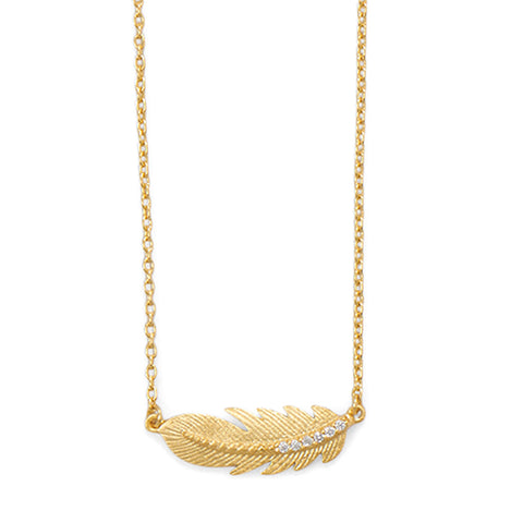 Sterling Silver CZ Sideways Feather Necklace in Gold Plating