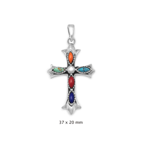 Sterling Silver Cross Pendant with Marquise Shape Multi Color Stone