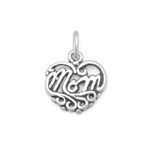 Sterling Silver Mom Heart Charm, 12mm