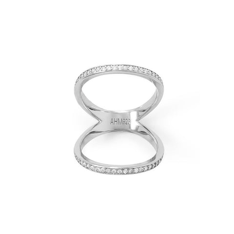 Sterling Silver CZ Double Band Knuckle Ring in Rhodium Plating, 2mm