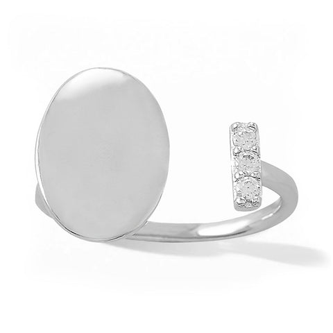 Sterling Silver Engravable Oval Disc Open Ring with CZ Bar