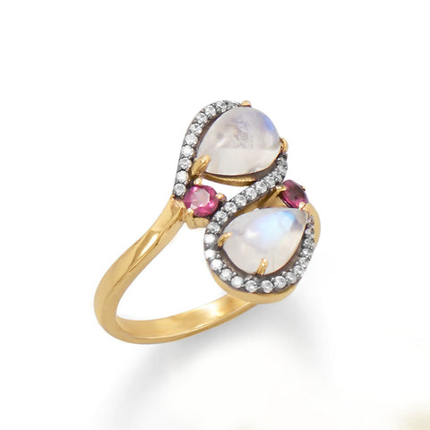 Sterling Silver Pear Rainbow Moonstone Bypass Ring