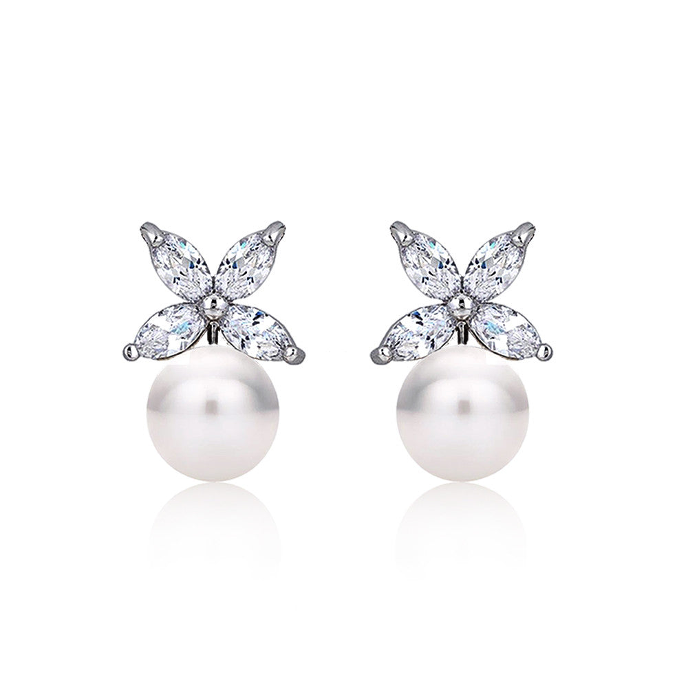 Samie Collection Rhodium Plated Shell Pearl & CZ Butterfly Wedding Stud Earrings