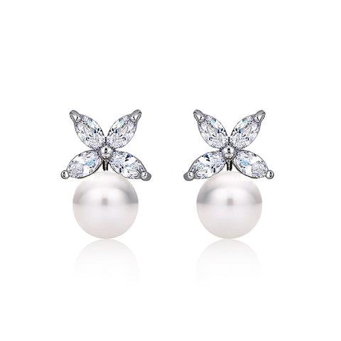 Shell Pearl & CZ Butterfly Stud Earrings