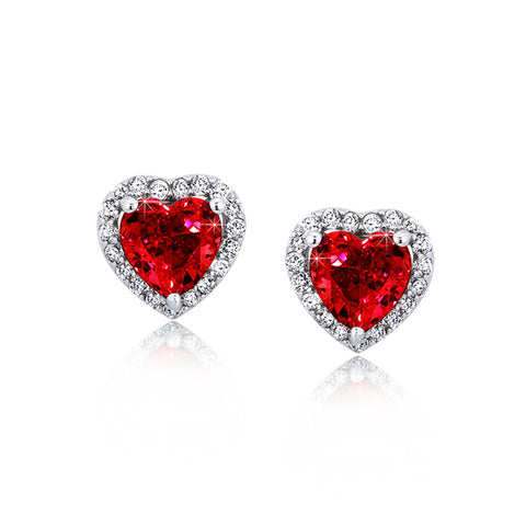 Samie Collection Rhodium Plated 2.48 ctw Red Heart CZ Solitaire Halo Stud Earrings