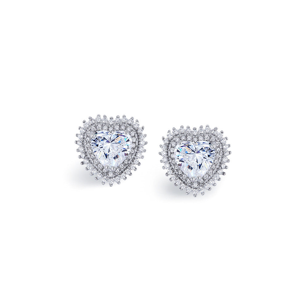Samie Collection Rhodium Plated 5.68ctw Heart CZ Halo Stud Earrings, 14mm