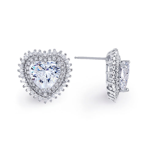 Samie Collection Rhodium Plated 5.68ctw Heart CZ Halo Stud Earrings, 14mm