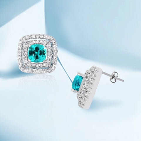 Samie Collection Rhodium Plated 2.72ctw Turquoise Princess CZ Halo Stud Earrings