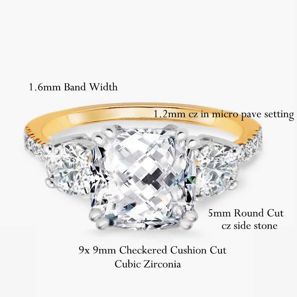 Samie Collection 3.67ctw Cushion CZ 3 Stone Royal Princess Engagement Ring  in 14k Gold Plating