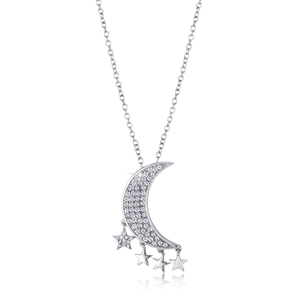 Samie Collection Rhodium Plated 0.87ctw CZ Moon & Star Pendant Necklace, 17"+2" 