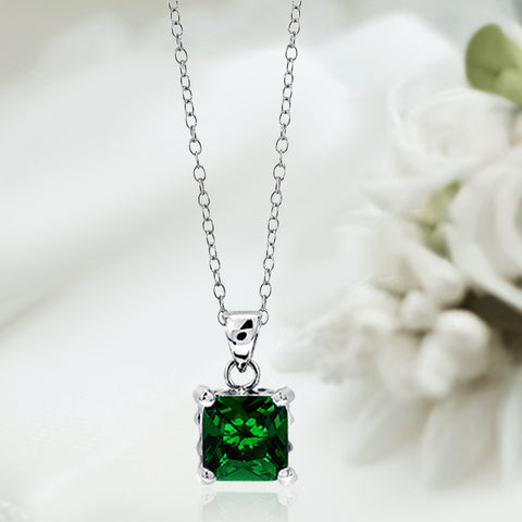 Samie Collection Rhodium Plated 4.99ctw Emerald Green Princess CZ Solitaire Pendant Necklace