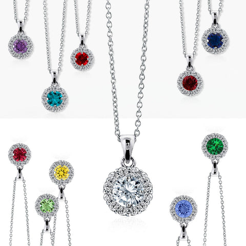 Samie Collection Rhodium Plated 2.95 cttw CZ 17.5+3" Halo Pendant Necklace in Birthstones