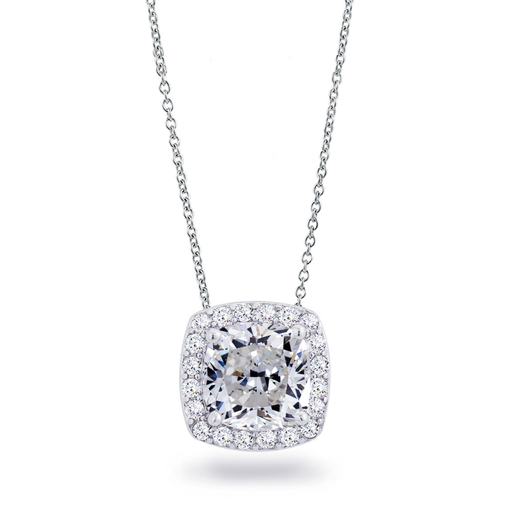 Samie Collection Rhodium Plated 4.11ctw Cushion CZ Halo Pendant Necklace, 16"+2" Extender
