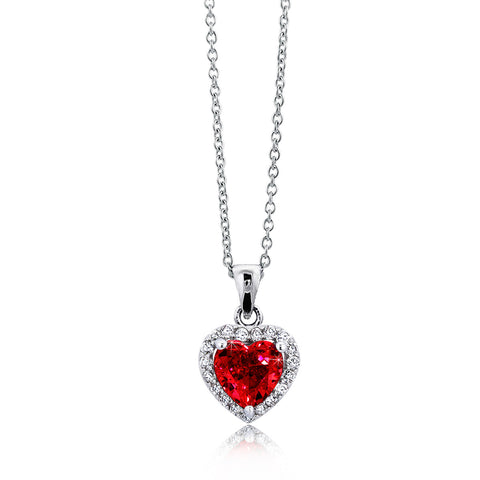 Samie Collection Rhodium Plated 4.2ctw Red Heart CZ Solitaire Halo Pendant Necklace (16”+3”Extender)