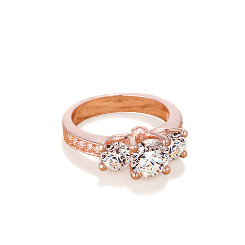 Samie Collection 2.4ctw CZ 3 Stone Engagement Ring in Rose Gold Plating