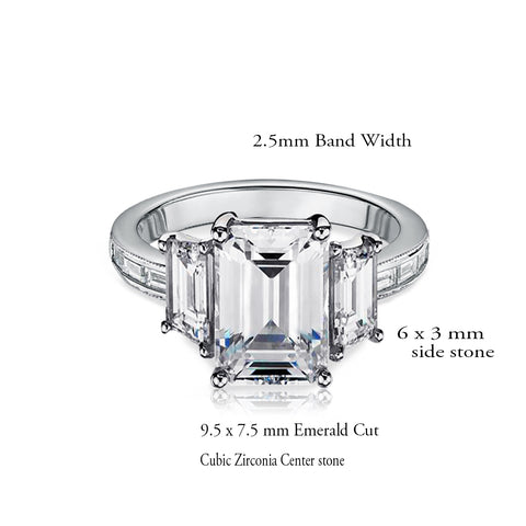 Samie Collection Emerald Cut CZ & Baguette Cubic Zirconia 3 Stone Engagement Rings for Women, Wedding Band Size 5-10 in Silver-Tone Rhodium Plating