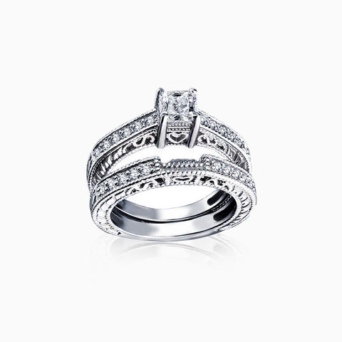 Samie Collection Rhodium Plated 1.19 CTW Princess CZ Vintage Solitaire Engagement & Wedding Ring Set
