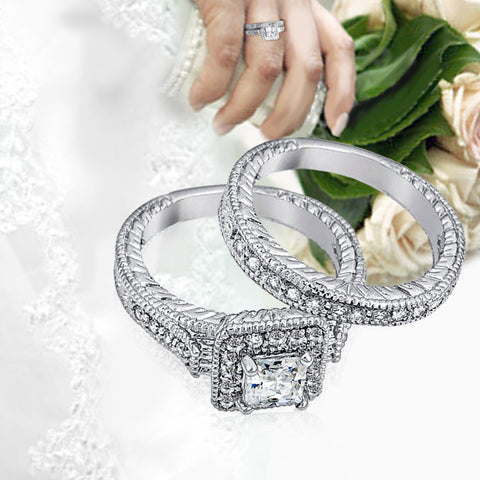 Samie Collection Rhodium Plated 1.08 CTW Princess CZ Halo Wedding Engagement Ring Set