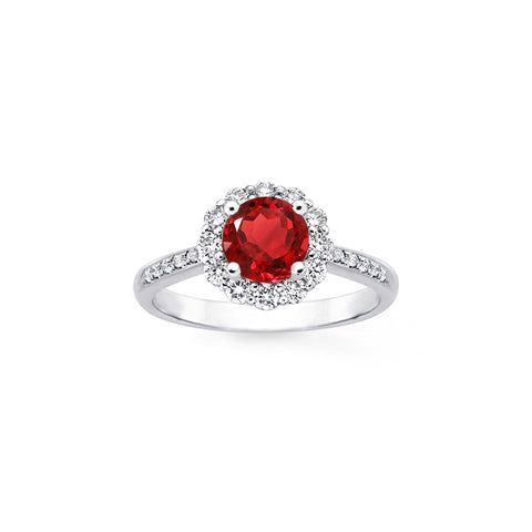 1.5ctw Ruby Red CZ Flower Halo Engagement Rings