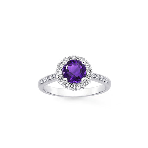 1.5ctw Amethyst Purple CZ Flower Halo Engagement Rings