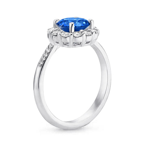 Sapphire Blue CZ Flower Halo Solitaire Engagement Rings