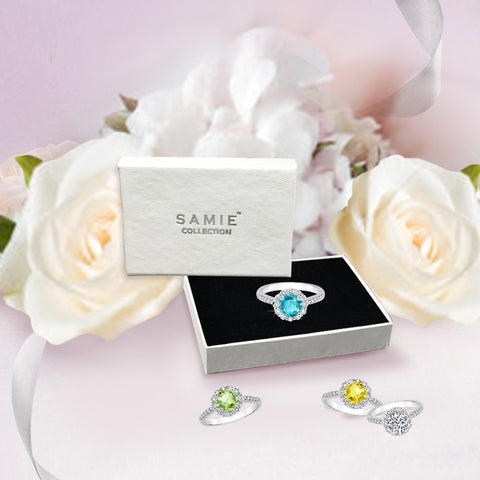 Samie Collection 1.5ctw Zircon Blue CZ Flower Halo Engagement Rings