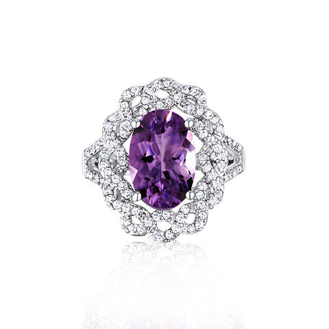 Samie Collection Venetian Anniversary Ring with 3.45ctw Oval Shape Amethyst CZ in Rhodium Plating