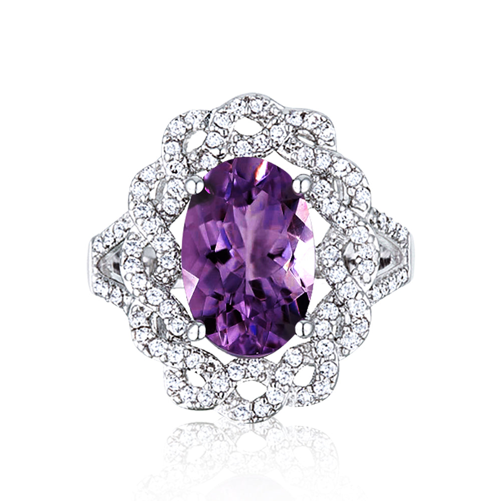 Venetian Ring with 3.45ctw Oval Shape Amethyst CZ in Rhodium Plating