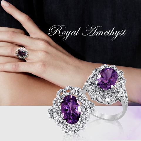 Venetian Ring with 3.45ctw Oval Shape Amethyst CZ in Rhodium Plating