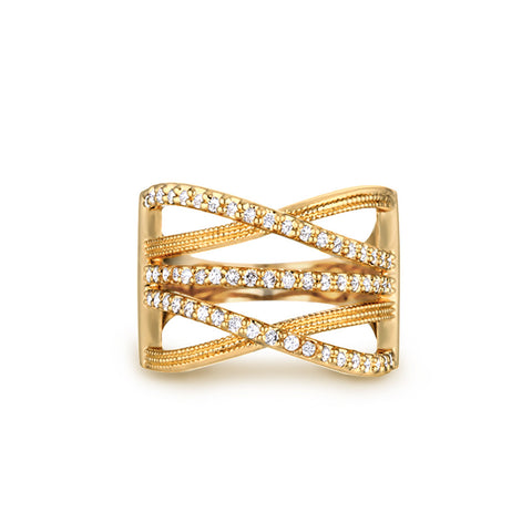 Crossover Wide Ring with 0.56ctw CZ in 14K Gold Plating
