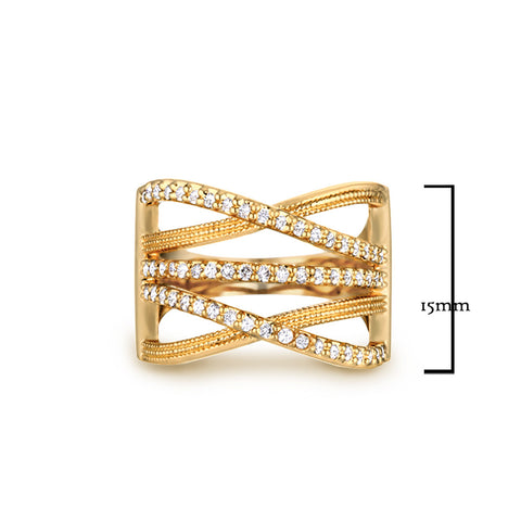 Samie Collection Crossover Wide Ring with 0.56ctw CZ in 14K Gold Plating