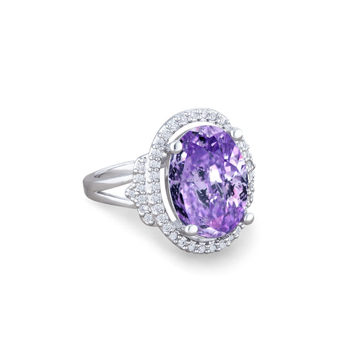 6.13ctw Amethyst CZ Halo Cocktail Ring in Rhodium Plating