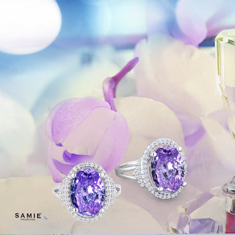 Samie Collection 6.13ctw Amethyst CZ Halo Anniversary Ring in Rhodium Plating