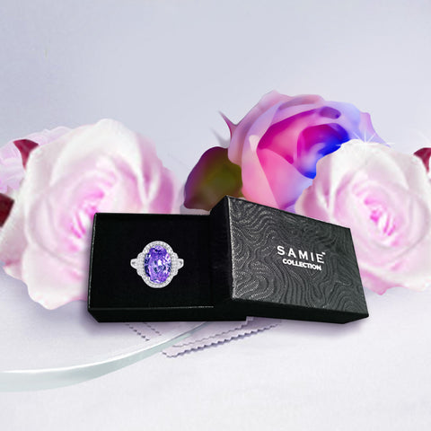 Samie Collection 6.13ctw Amethyst CZ Halo Anniversary Ring in Rhodium Plating Jewelry Box