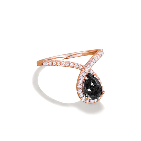 1.5ctw Pear Shaped Black CZ Chevron Ring in Rose Gold Plating