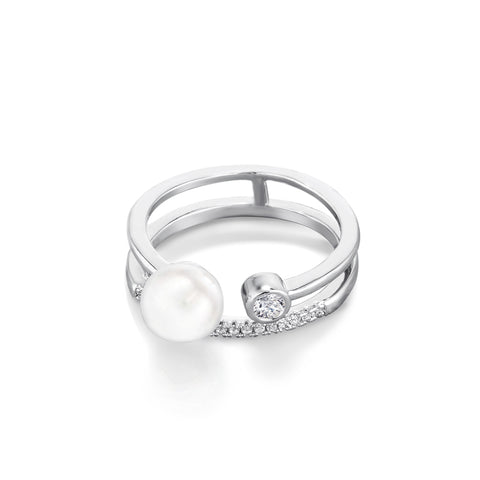 Stacked Right Hand Ring with Simulated Pearl and 0.15ctw CZ