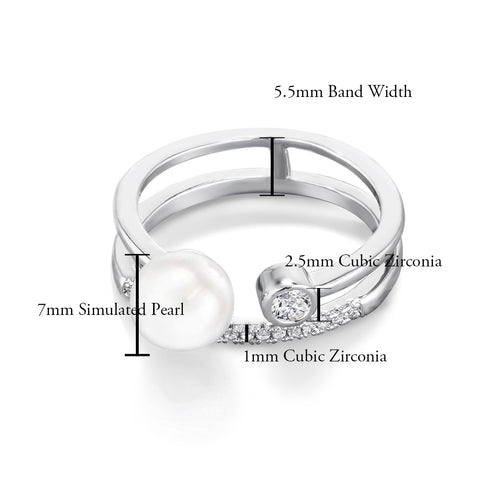 Samie Collection Stackable-in-One Right Hand Ring with Simulated Pearl and 0.15ctw CZ in Rhodium Plating