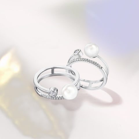 Samie Collection Stackable-in-One Right Hand Ring with Simulated Pearl and 0.15ctw CZ in Rhodium Plating