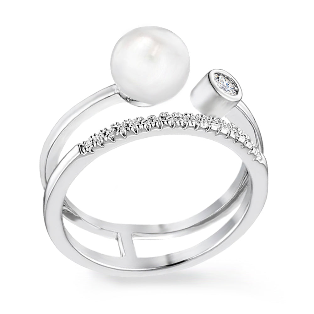 Stacked Right Hand Ring with Simulated Pearl and 0.15ctw CZ