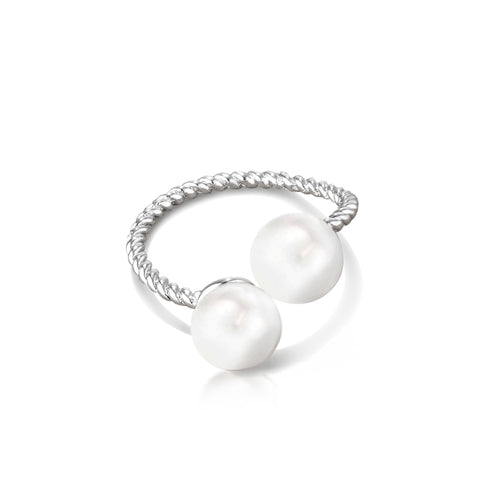 Samie Collection Contemporary Modern Cable Ring with Double Simulated Pearls in Rhodium Plating