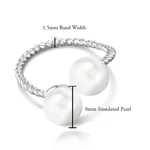 Samie Collection Contemporary Modern Cable Ring with Double Simulated Pearls in Rhodium Plating