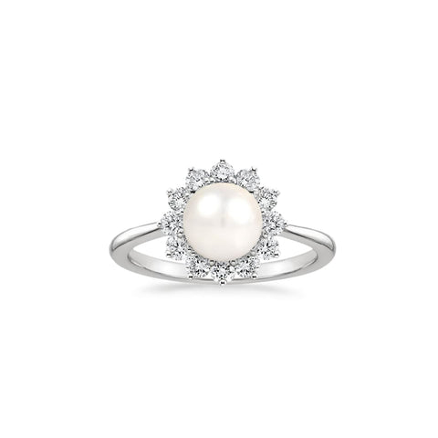 Shell Pearl & CZ Halo Floral Engagement Ring