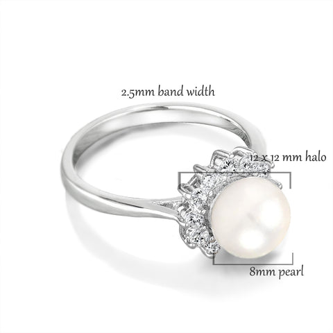 Shell Pearl & CZ Halo Floral Engagement Ring